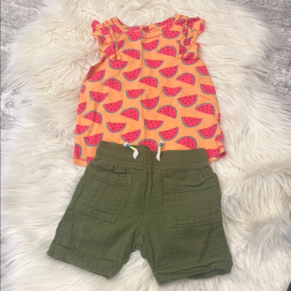 Bundle 🛍️Girls Watermelon Print Ruffle Sleeve Tank & Olive Shorts Set siz :3T